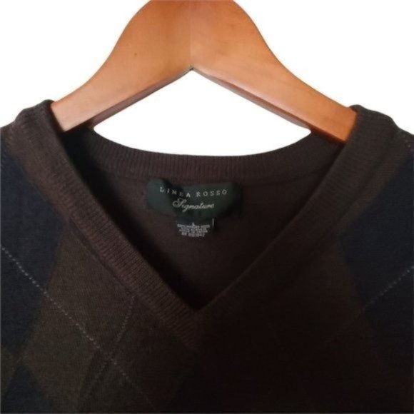 Linea Rosso Lightweight‎ Merino Wool Blend Sweater Argyle Brown L Large V-Neck - Picture 5 of 9